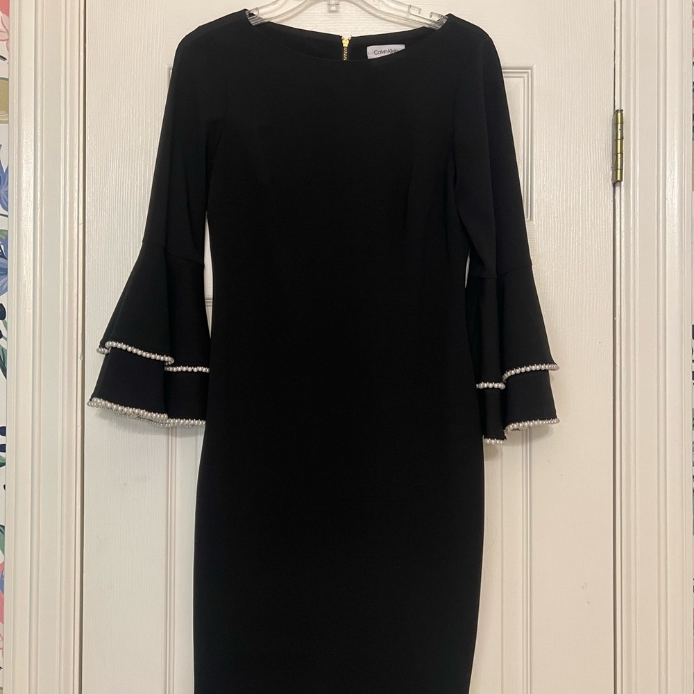 Calvin Klein Black Tiered Bell Sleeve Dress with Pearls